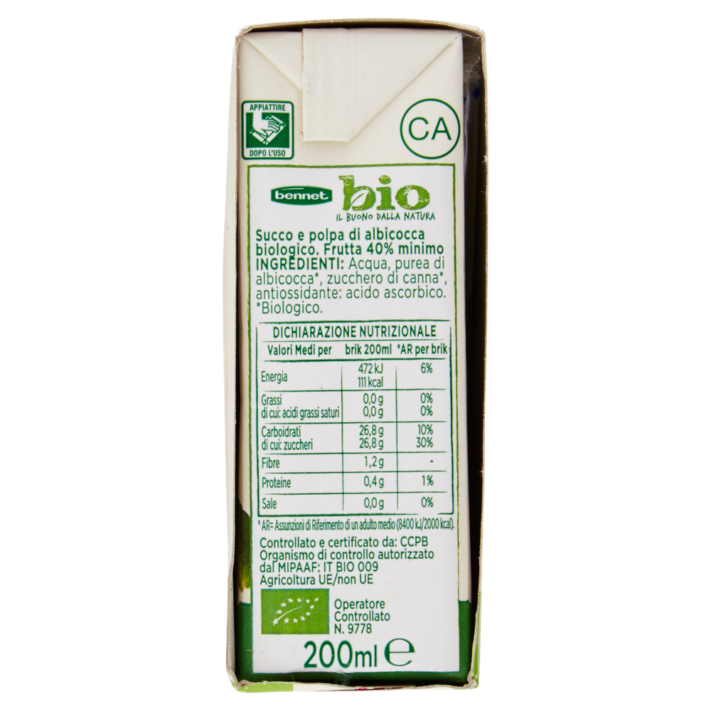 Succo E Polpa Albicocca Bennet Bio Conf.Da Ml 200x3