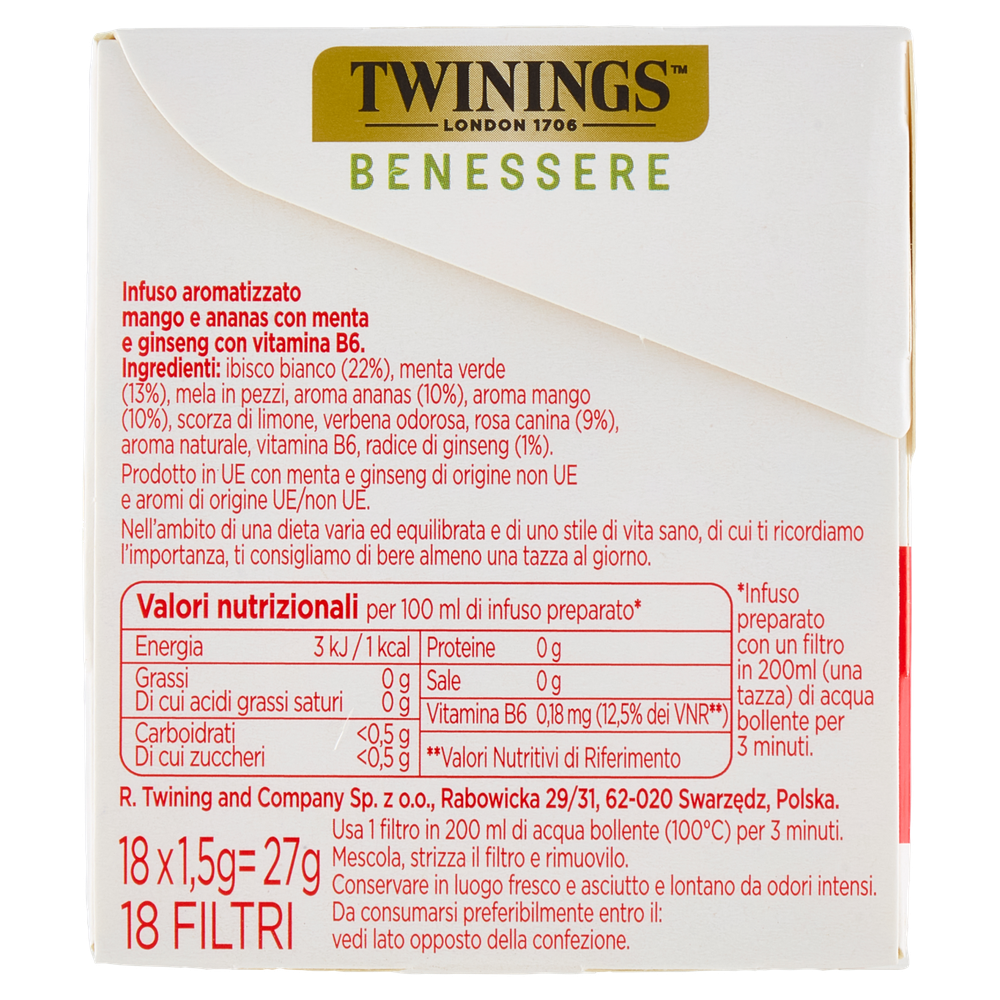Infuso Benessere Energia Mango, Ananas, Vitamina B6 18x1,5g Twinings - Foto 2