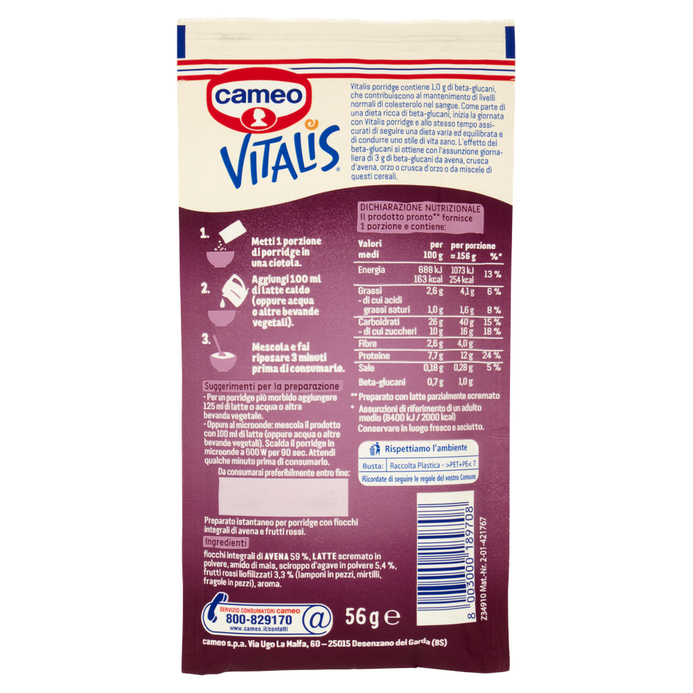 Porridge Vitalis Di Avena Integrale Con Frutti Rossi Cameo - Foto 3