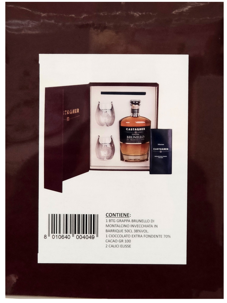 Confezione Grappa Barrique + 2 Bicchieri + Cioccolata