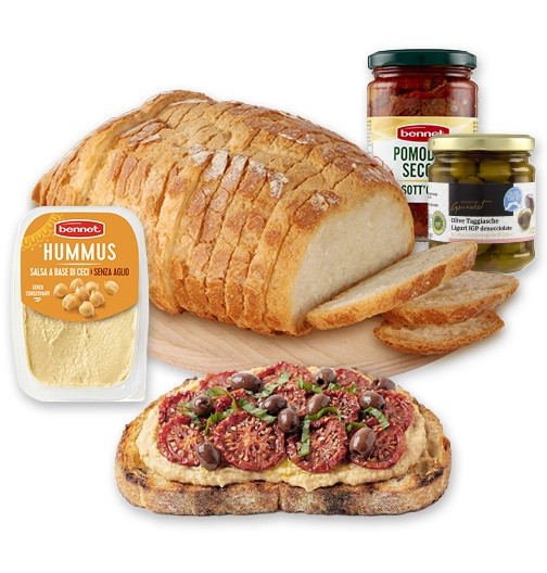 Mix Bruschetta Pane fette, Hummus, Olive taggiasche e Pomodori secchi - Foto 1