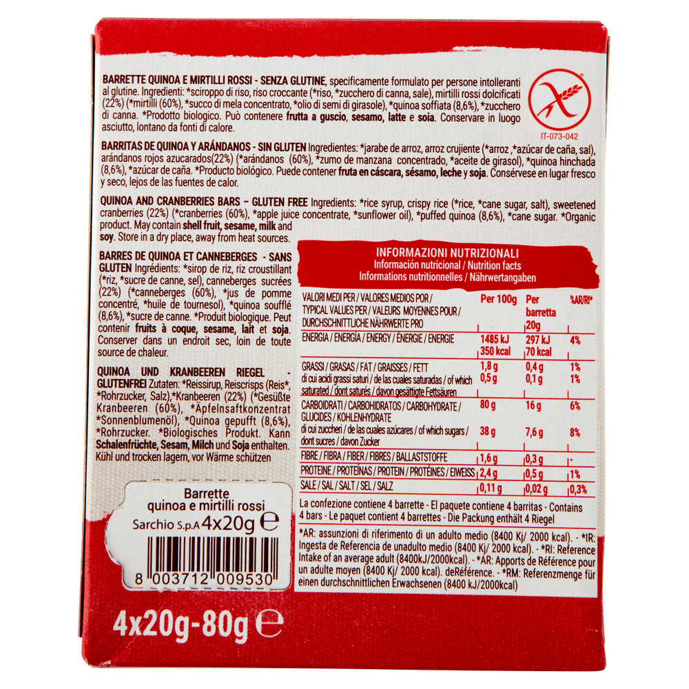 Barrette Quinoa E Mirtilli Rossi Senza Glutine Sarchio
