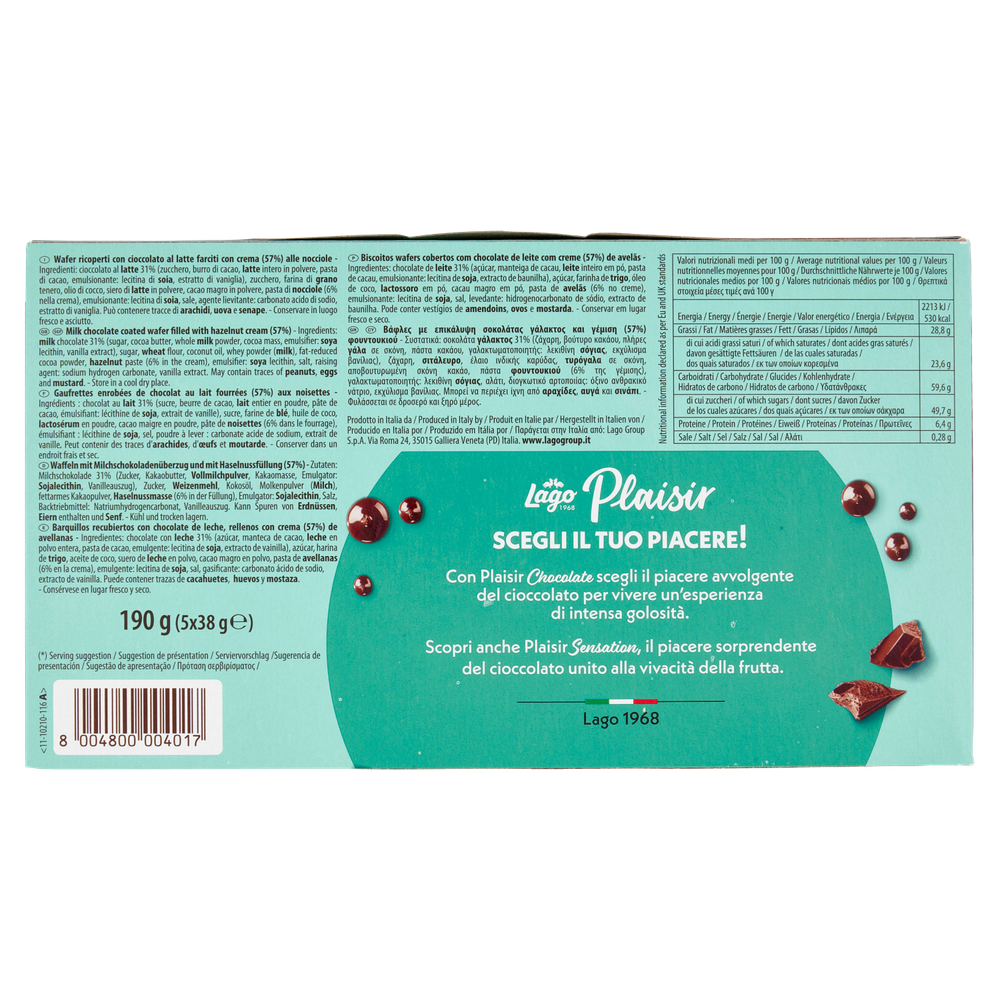 Wafer Ricoperti Con Cioccolato Al Latte Plaisir Lago, Conf.5 Da 38 Gr - Foto 3