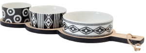 3 Coppette Ethnic Tonde In Porcellana Con Vassoio In Bambu'