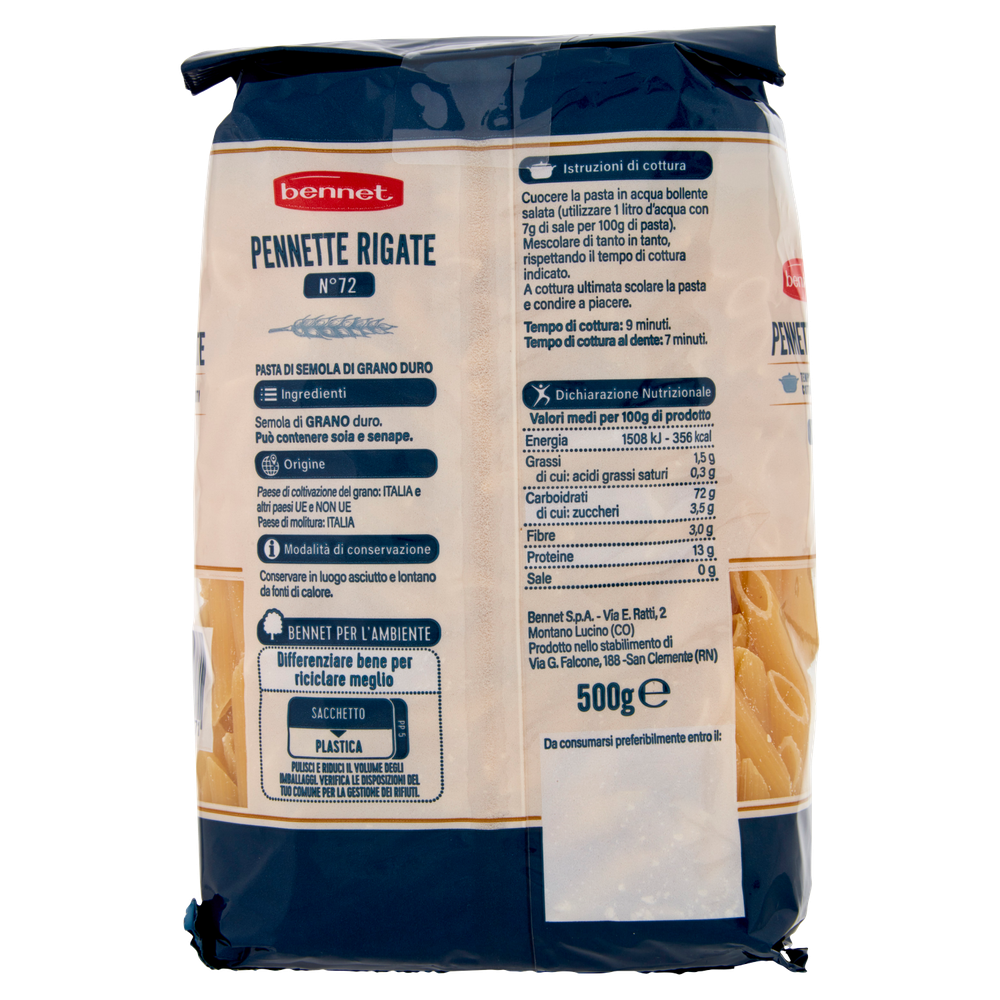 Pennette Rigate N72 Pasta Di Semola Di Grano Duro Bennet